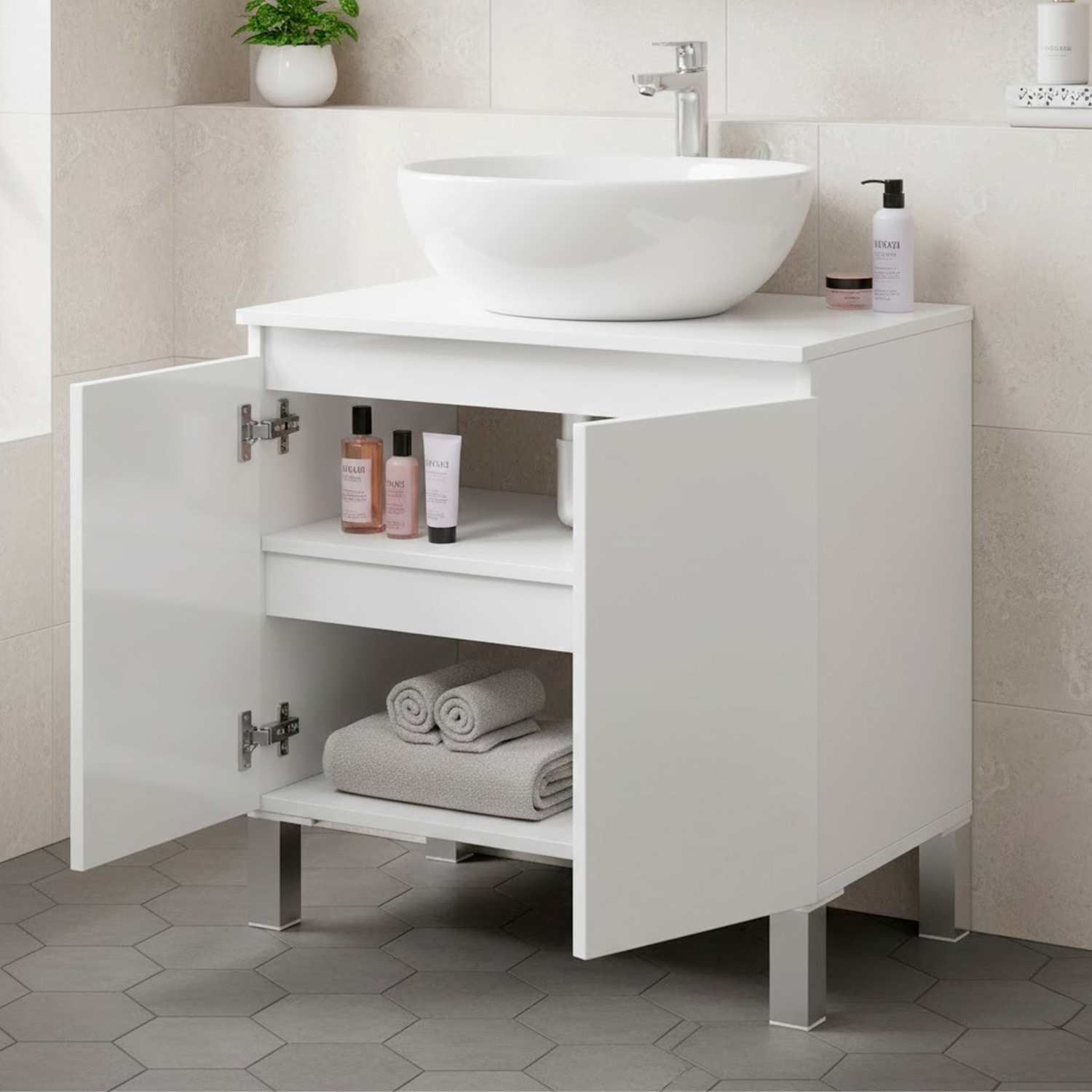 Mobile Bagno Sotto Al Lavabo Da Appoggio Con 2 Ante E Mensola Interna Salvaspazio Moderno Per lavabi Con Colonna  60 x 40 x 63.5 Cm Bianco Lucido