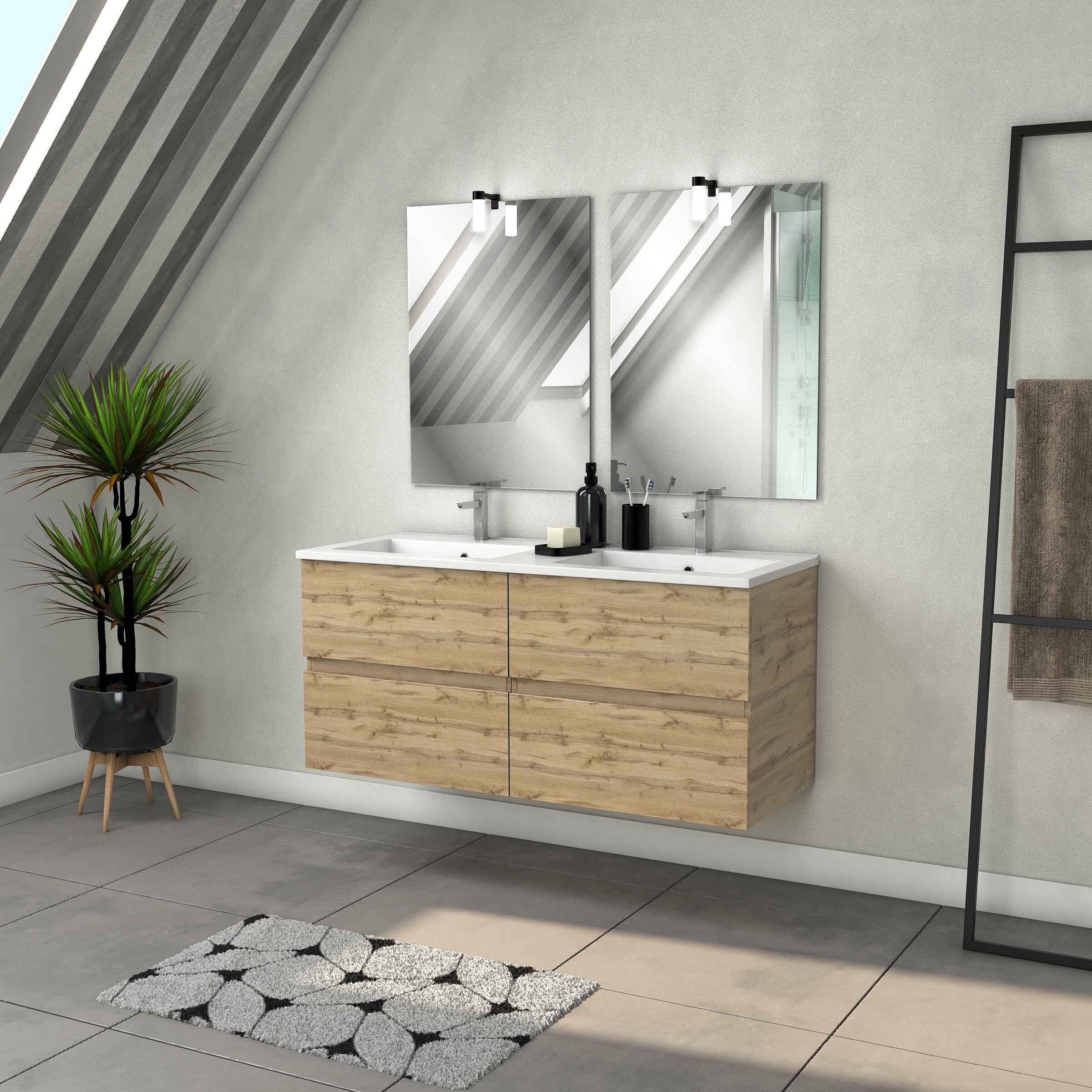 Meuble Salle de Bains 120cm 4 Tiroirs Chêne Naturel + Vasque Blanche + Miroirs avec appliques Led
