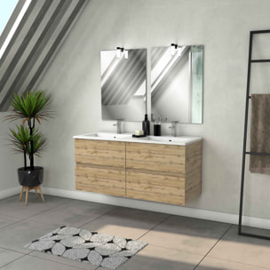 Meuble Salle de Bains 120cm 4 Tiroirs Chêne Naturel + Vasque Blanche + Miroirs avec appliques Led