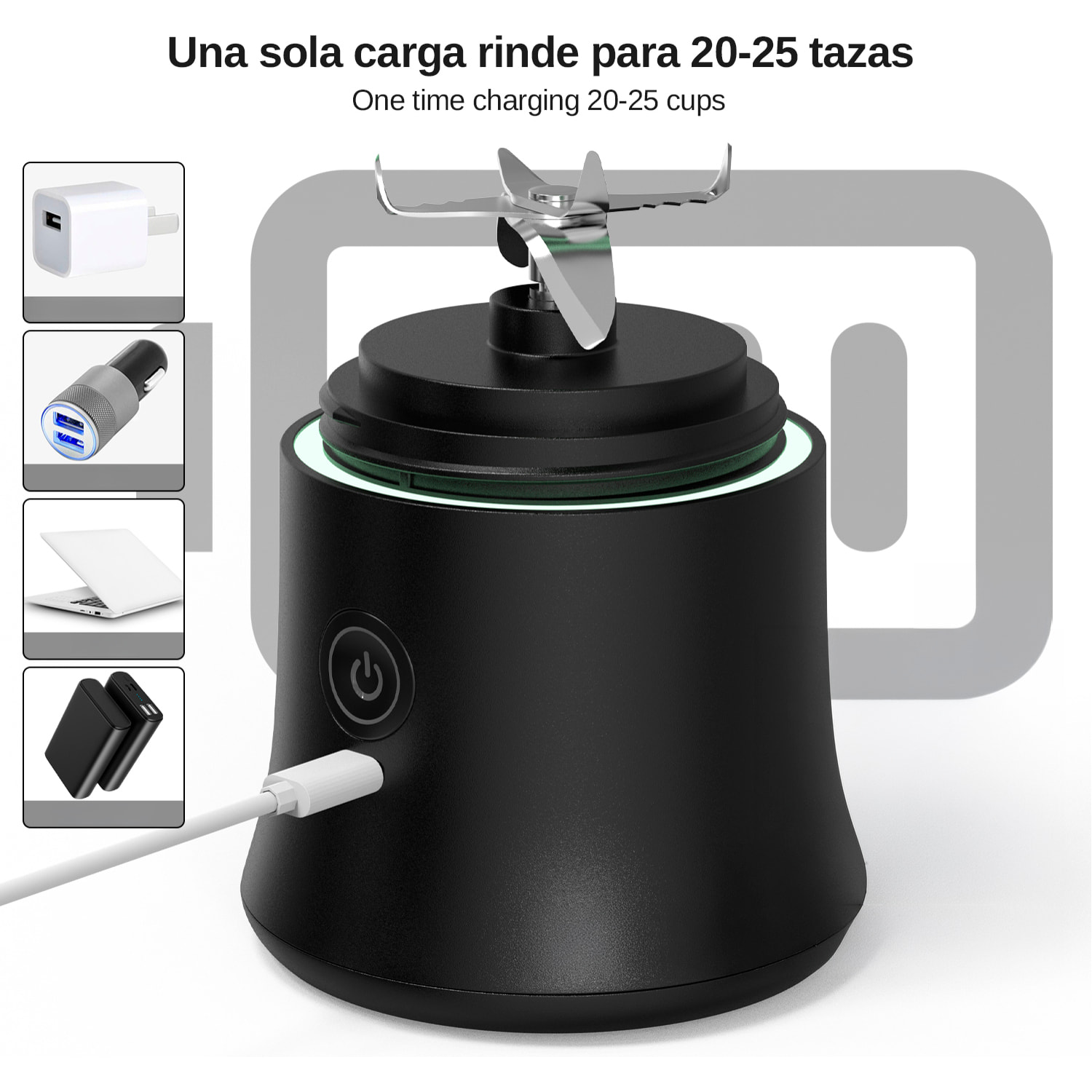 Batidora portátil A9 de 600 ml con 6 cuchillas de acero inoxidable y luz LED multicolor. Con batería recargable de 4000mAh, perfecta para preparar bebidas en cualquier lugar.
