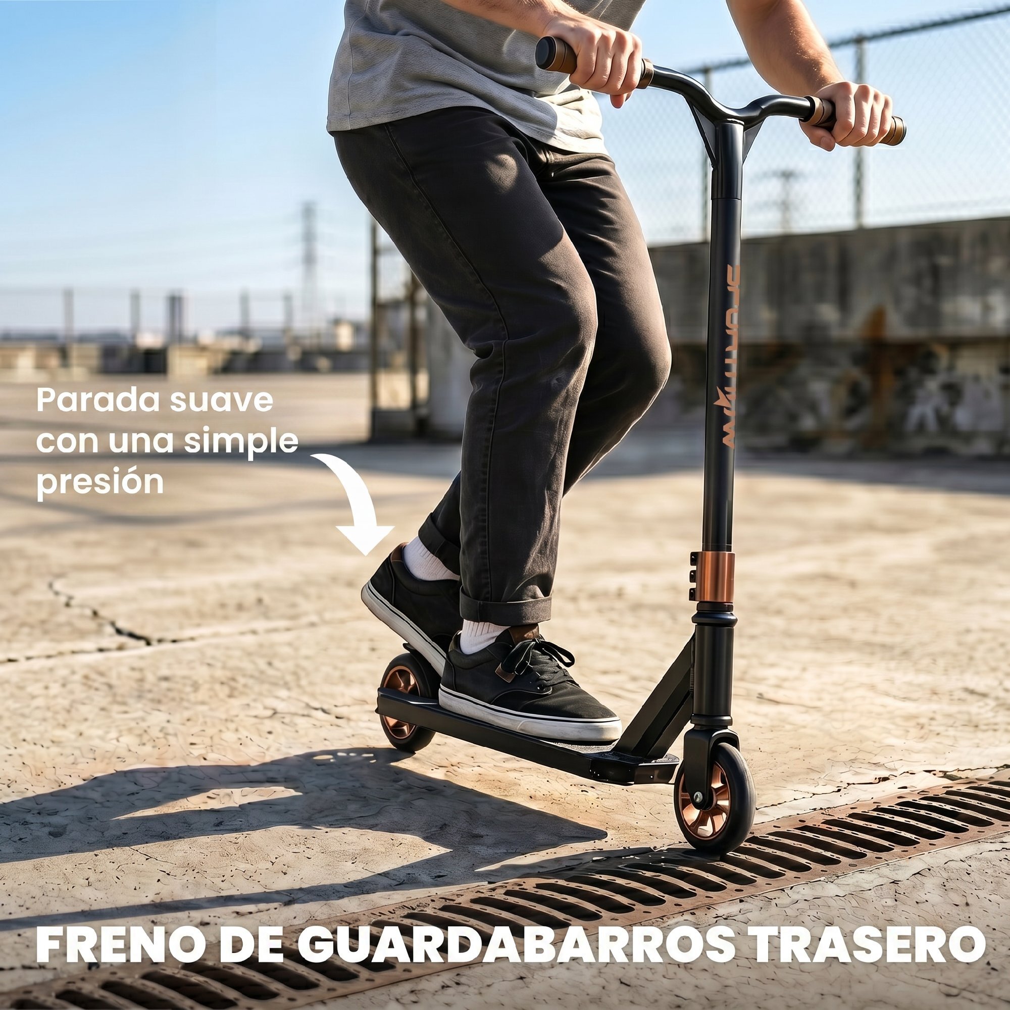 Scooter Acrobático, Scooter Freestyle con Manillar 360°, Rodamientos ABEC-9, Ruedas de PU de 120 mm, Marco de Aluminio Acero, Antideslizante, para Adolescentes, Adultos para Skatepark, Dorado