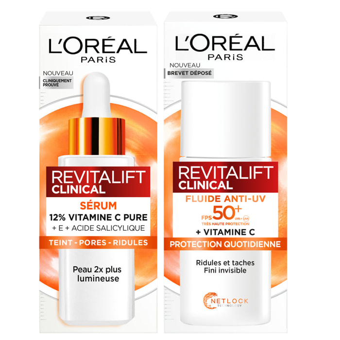 L’Oréal Paris Coffret deux produits Revitalift Clinical Sérum Teint Lumineux Vitamine C 30ml et Fluide Anti-UV FPS 50+ Vitamine