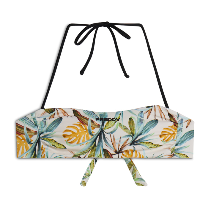 Top bikini a fascia fantasia foliage tropical