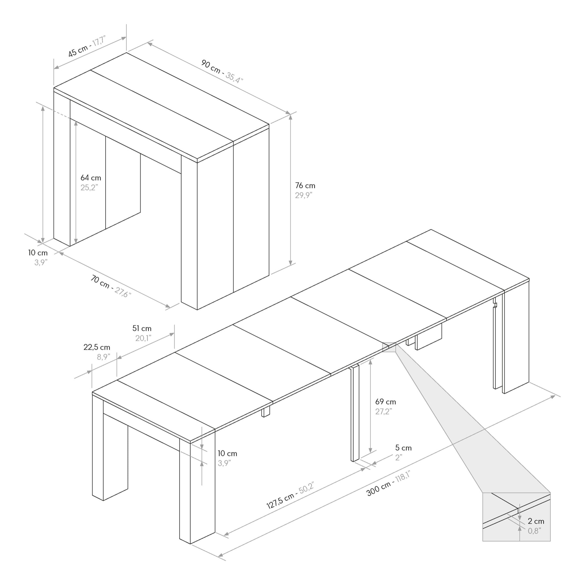 Consolle LERICI in legno, finitura olmo perla 90×45 cm allungabile a 90×300 cm