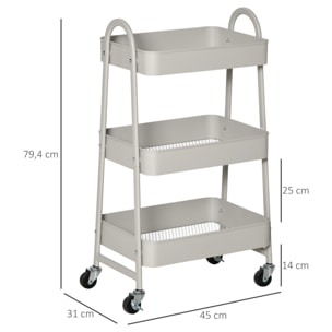 HOMCOM Carrito de Cocina de Acero con Ruedas Carro de Almacenamiento de 3 Niveles y Frenos para Baño Salón Dormitorio Oficina 45x31x79,4 cm Gris