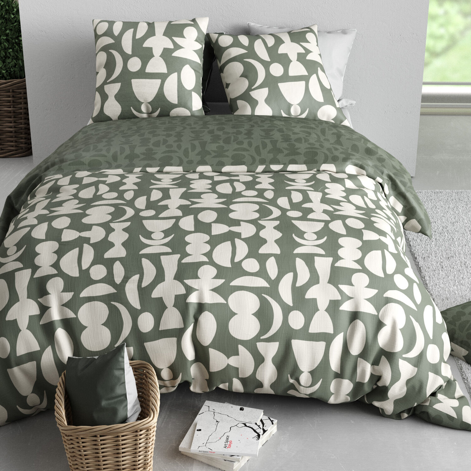 Parure housse de couette imprimé 100% coton - lune - blanc