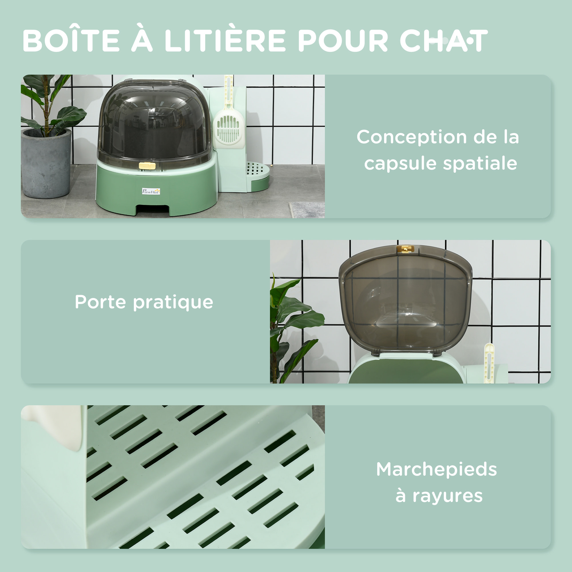 Maison de toilette litière pour chat design capsule spatiale - porte, capot ouvrant, pelle, 2 tiroirs amovibles - vert noir