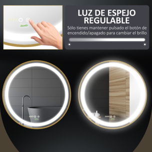 Espejo de Baño con Luz LED Ø60x4 cm Espejo Redondo con Interruptor Táctil 3 Luces Ajustable Visualización de Temperatura y Hora Función de Memoria Marco de Aluminio Dorado