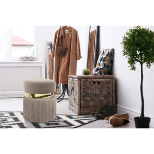 Pouf Rebecca in velluto taupe con frange e dettaglio oro