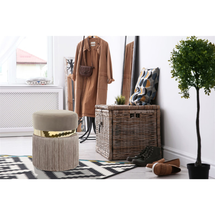 Pouf Rebecca in velluto taupe con frange e dettaglio oro