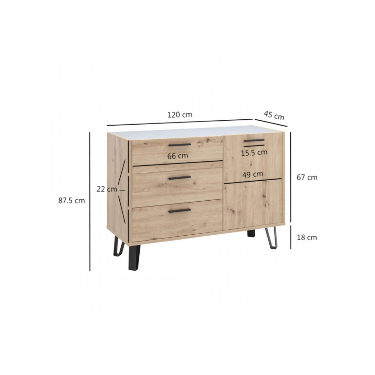 Commode 1 porte 3 tiroirs finition chêne - VITRUS