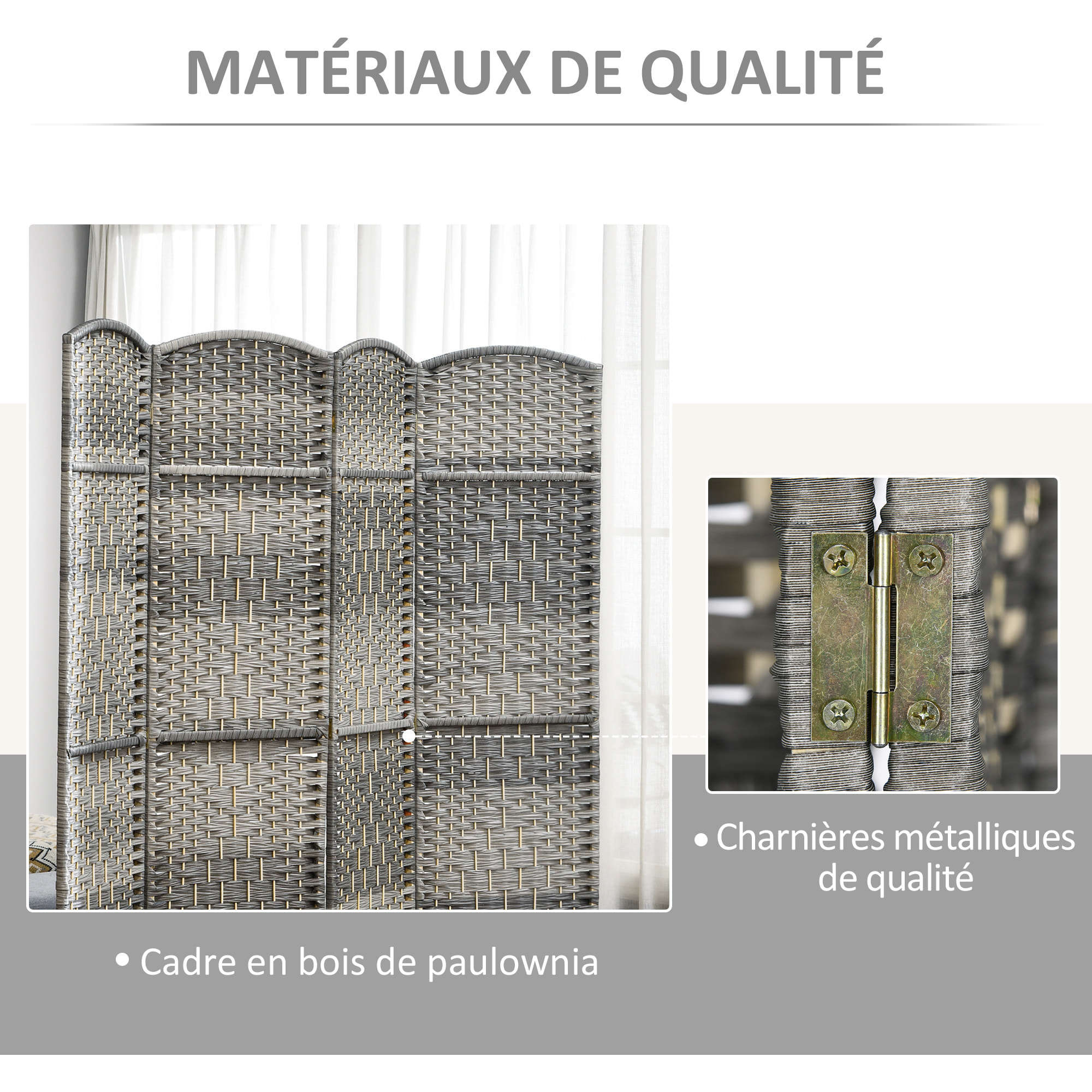 Paravent intérieur 3 panneaux pliables en bois séparateur de pièce style bohème tissé gris