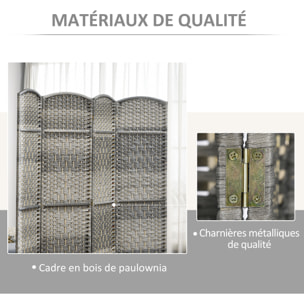 Paravent intérieur 3 panneaux pliables en bois séparateur de pièce style bohème tissé gris