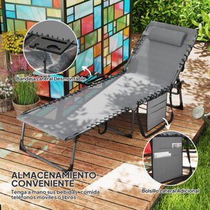 Tumbona Plegable Tumbona Jardín Exterior con Respaldo Ajustable Reposacabezas Bolsillo Lateral Bandeja y Estructura de Acero Carga 120 kg para Terraza Piscina Playa 190x60x31 cm Gris