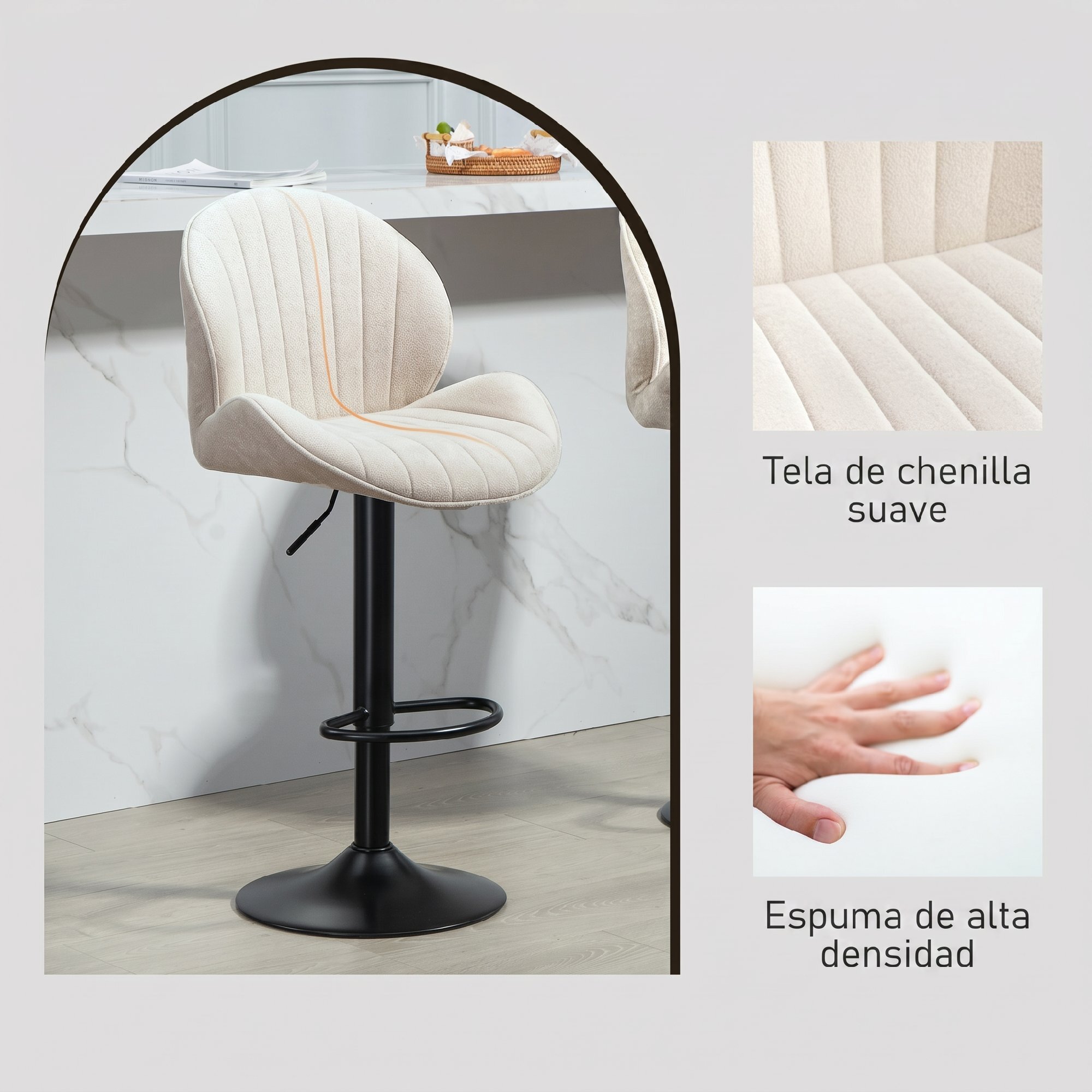Juego de 2 Taburetes de Bar Giratorios, Taburetes Altos de Cocina con Altura Ajustable 62-83 cm, Sillas Altas de Cocina, Tapizada en Chenilla, Respaldo y Reposapiés, Marco de Acero, Beige