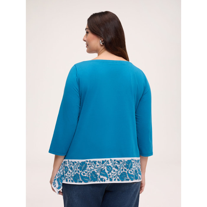 Fiorella Rubino - T-shirt in cotone con bordo stampato - Ottanio