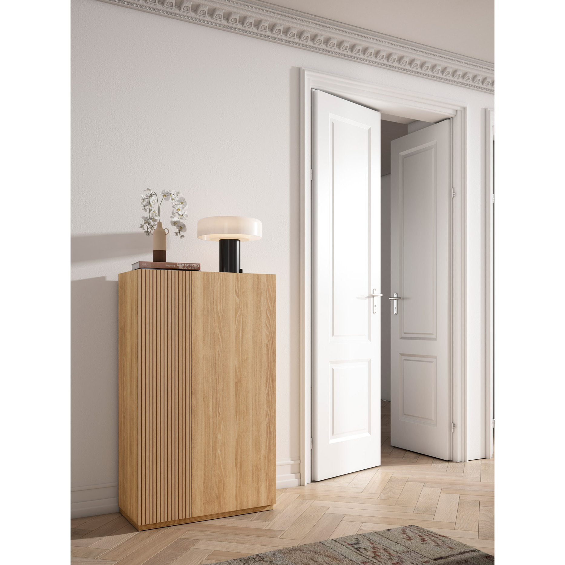 Zapatero Akra melamina roble dorado puerta impresión vallado 122x70x35cm