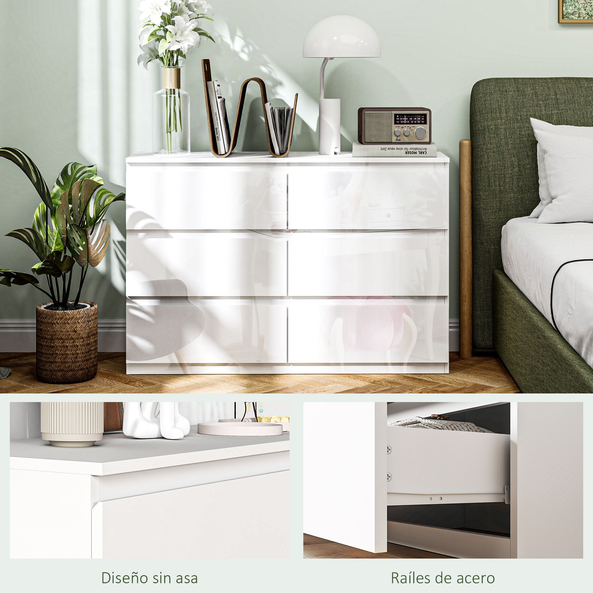 Cómoda con 6 Cajones Cómoda de Dormitorio Moderno con Diseño Anti-vuelco Cajonera para Salón Pasillo 112x34x75 cm Blanco Brillo