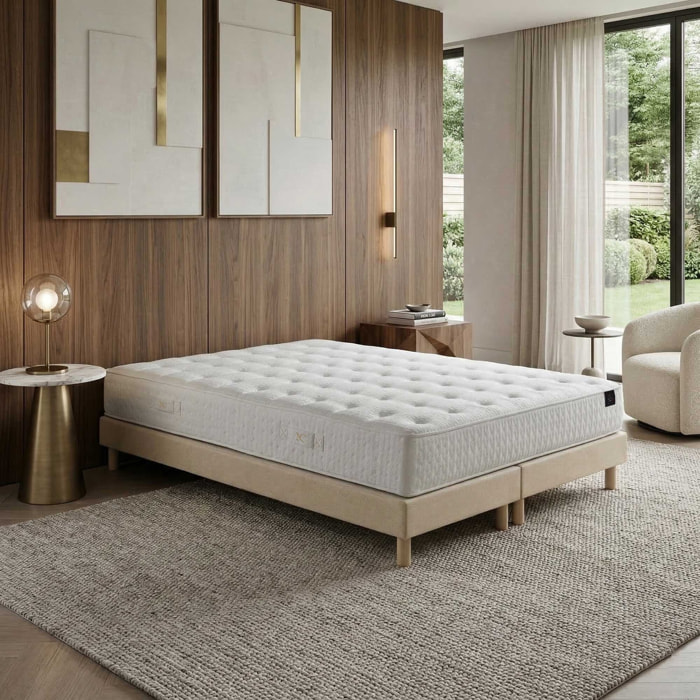 Ensemble matelas ressorts PULSAR, mémoire de forme, H27 cm, sommier beige