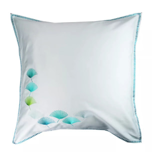 Taie d'oreiller satin de coton brodé blanc bleu Pistil aqua