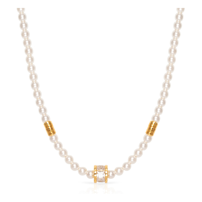 Collar de plata de ley 925 con cuentas de perla y detalles dorados con cierre de resorte.