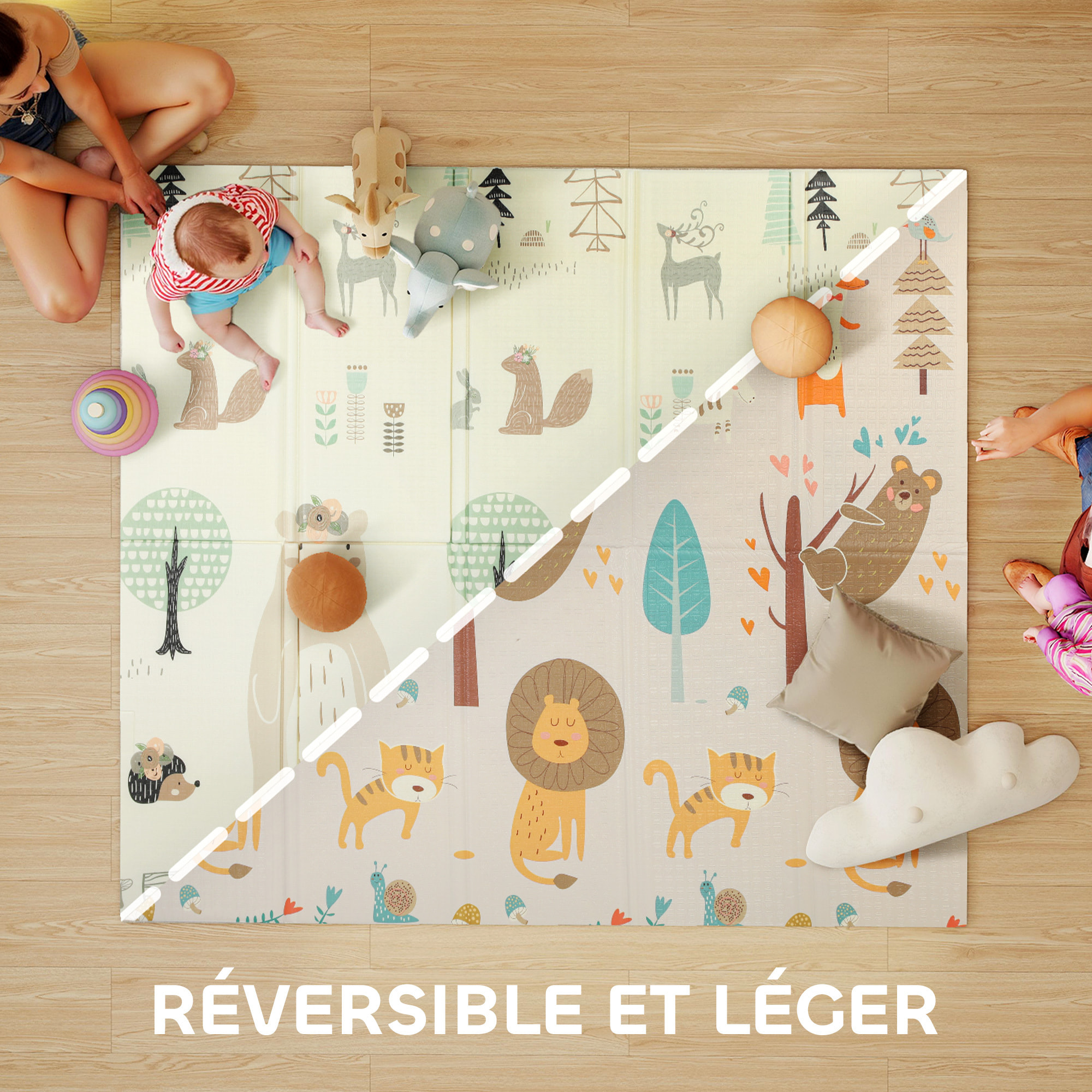 Tapis d'éveil bébé pliable épais réversible dim. 196 x 176 x 1,5 cm motifs animaux et forêts