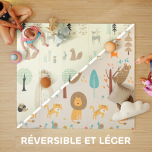 Tapis d'éveil bébé pliable épais réversible dim. 196 x 176 x 1,5 cm motifs animaux et forêts