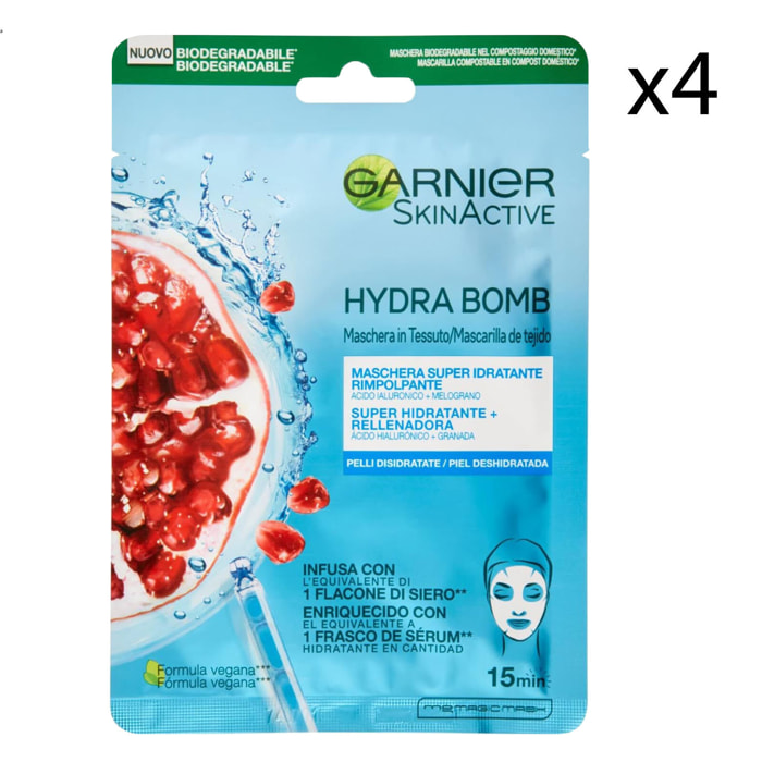 4x Maschera Viso Super Idratante Rimpolpante in Tessuto con Acido Ialuronico e Melograno Hydra Bomb Skinactive