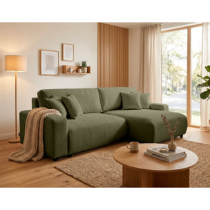 Mini Pivoine - Canapé d'angle réversible 4 places convertible avec coffre en velours texturé - Vert Kaki