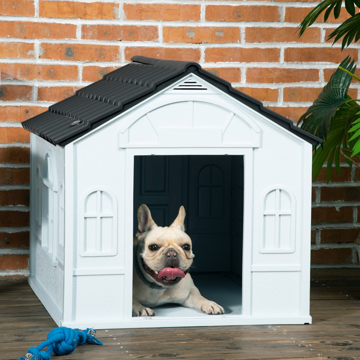 Niche chien style cottage dim. 65L x 75l x 63H cm - motifs fenêtres, porte, aération - PP blanc gris