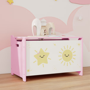 Coffre malle de rangement coffre à jouets design soleil et étoile dim. 60L x 37l x 39H cm vérin pneumatique MDF rose