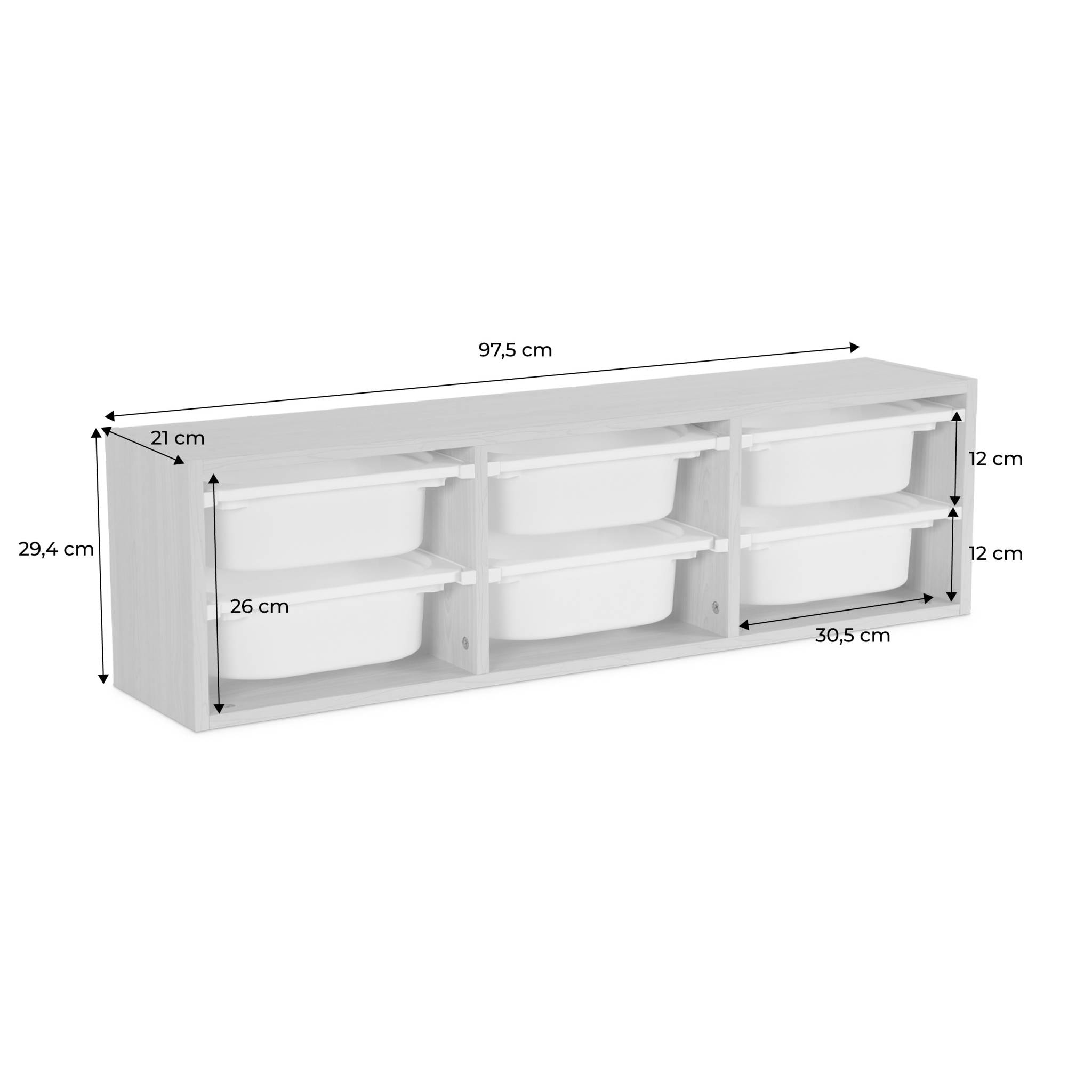 Meuble de rangement pour enfant. blanc. 6 bacs en plastique