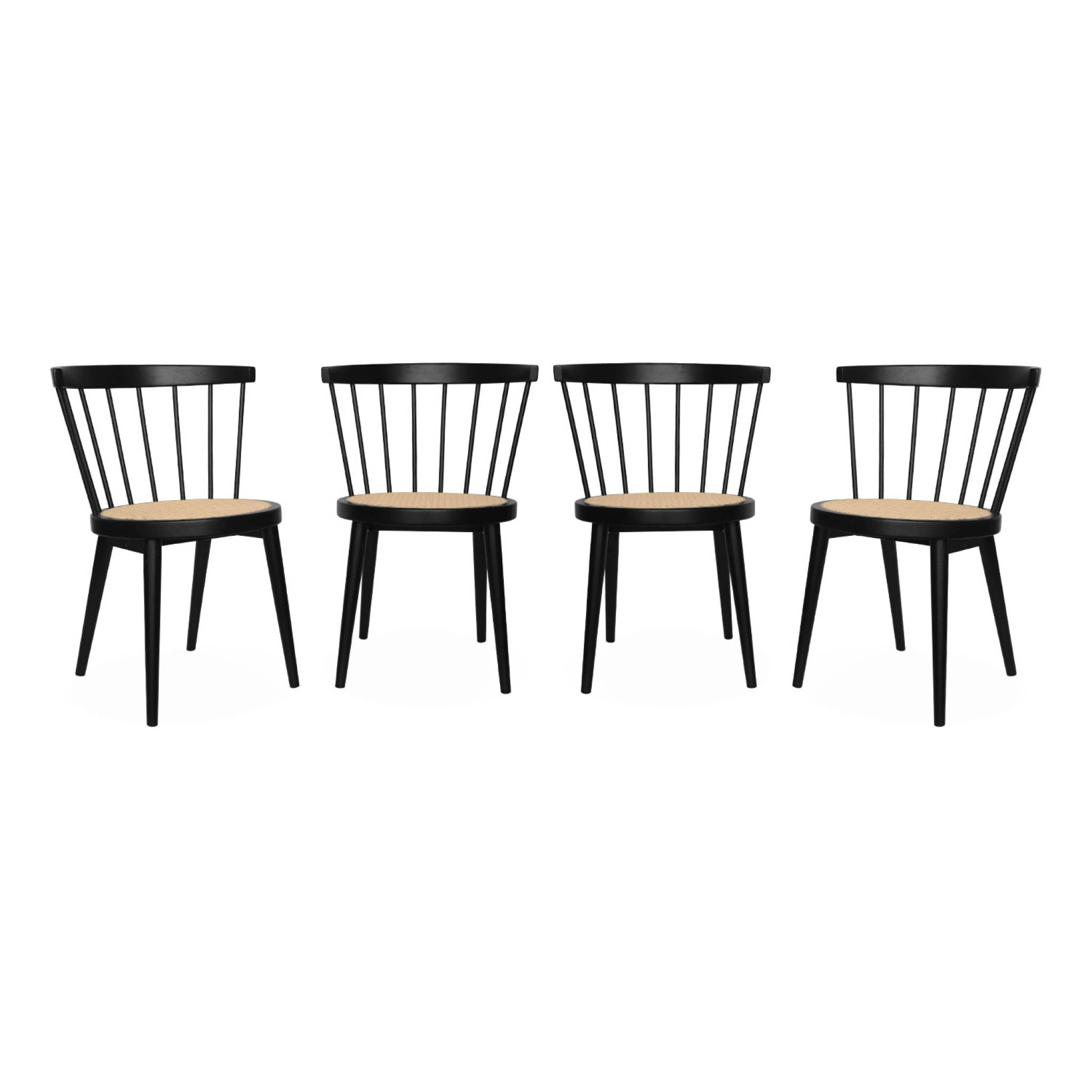 Lot de 4 chaises noires en bois et cannage. Nora. L 53 x P 53.5 x H 76cm