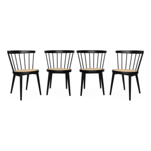 Lot de 4 chaises noires en bois et cannage. Nora. L 53 x P 53.5 x H 76cm