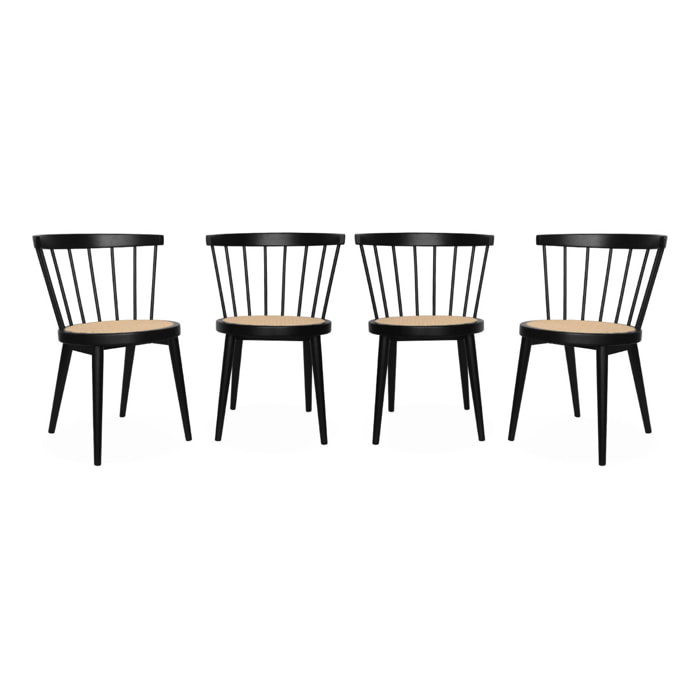 Lot de 4 chaises noires en bois et cannage. Nora. L 53 x P 53.5 x H 76cm