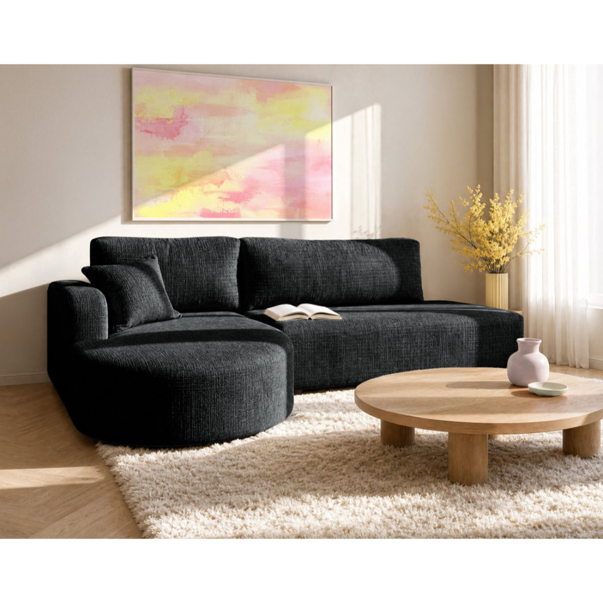 Miro - Canapé d'angle gauche 4 places convertible avec coffre en velours texturé - Gris Anthracite