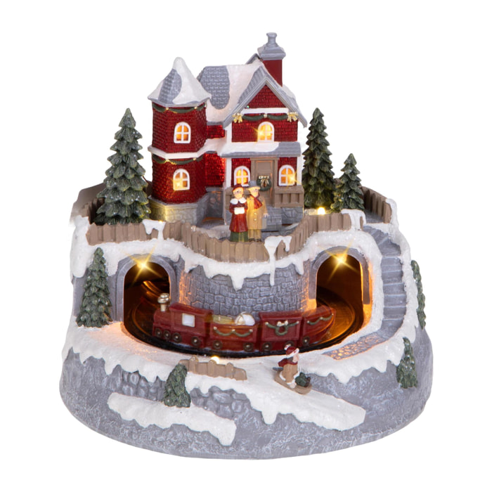 Casa Natale con treno H.22 cm Luci+Mus+Mus - Pezzi 1 - Colore Bianco - 22,5x22Hx11,5cm - Bianchi Dino