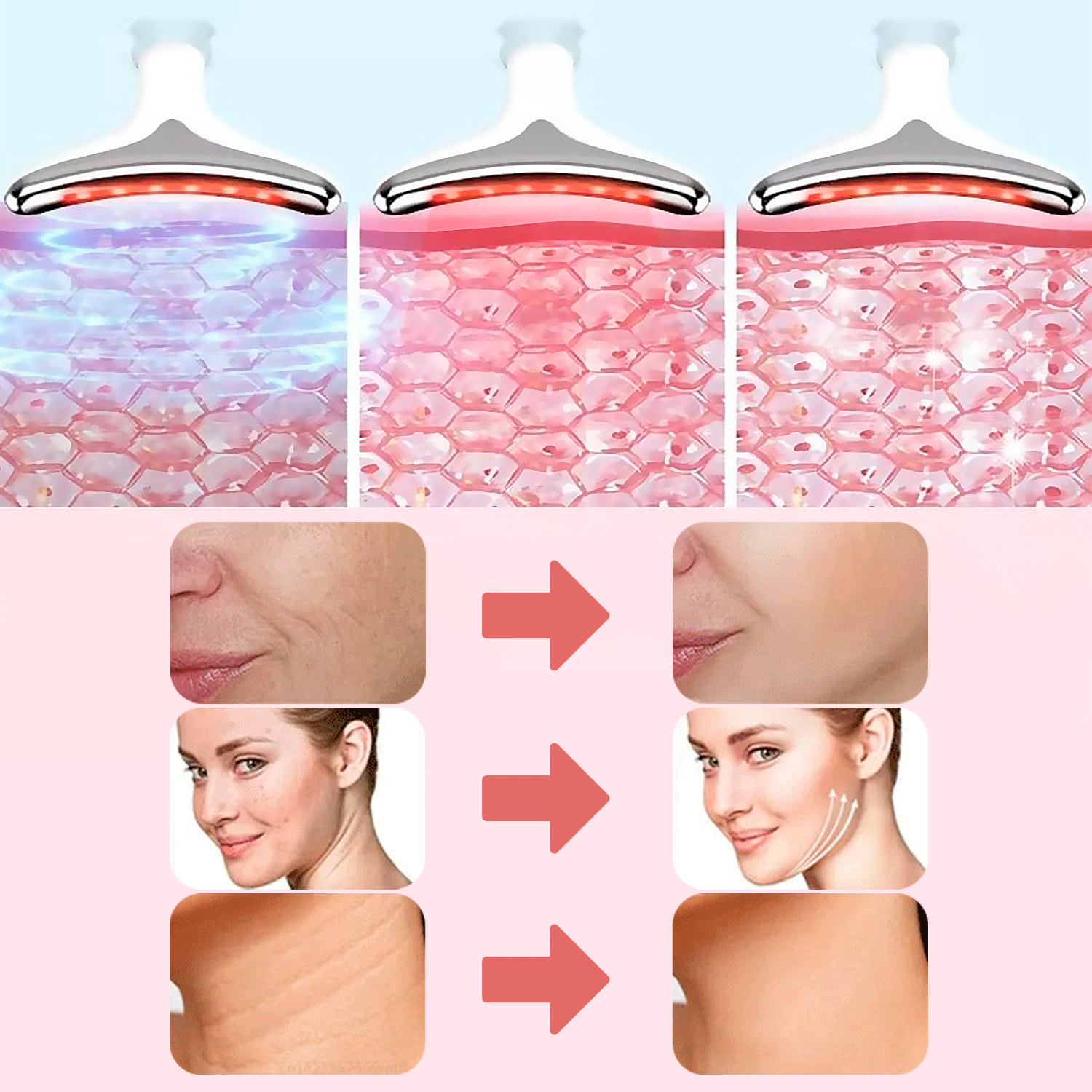 Masajeador antiarrugas facial con 3 modos de uso, EMS, compresa de calor y 7 luces LED.