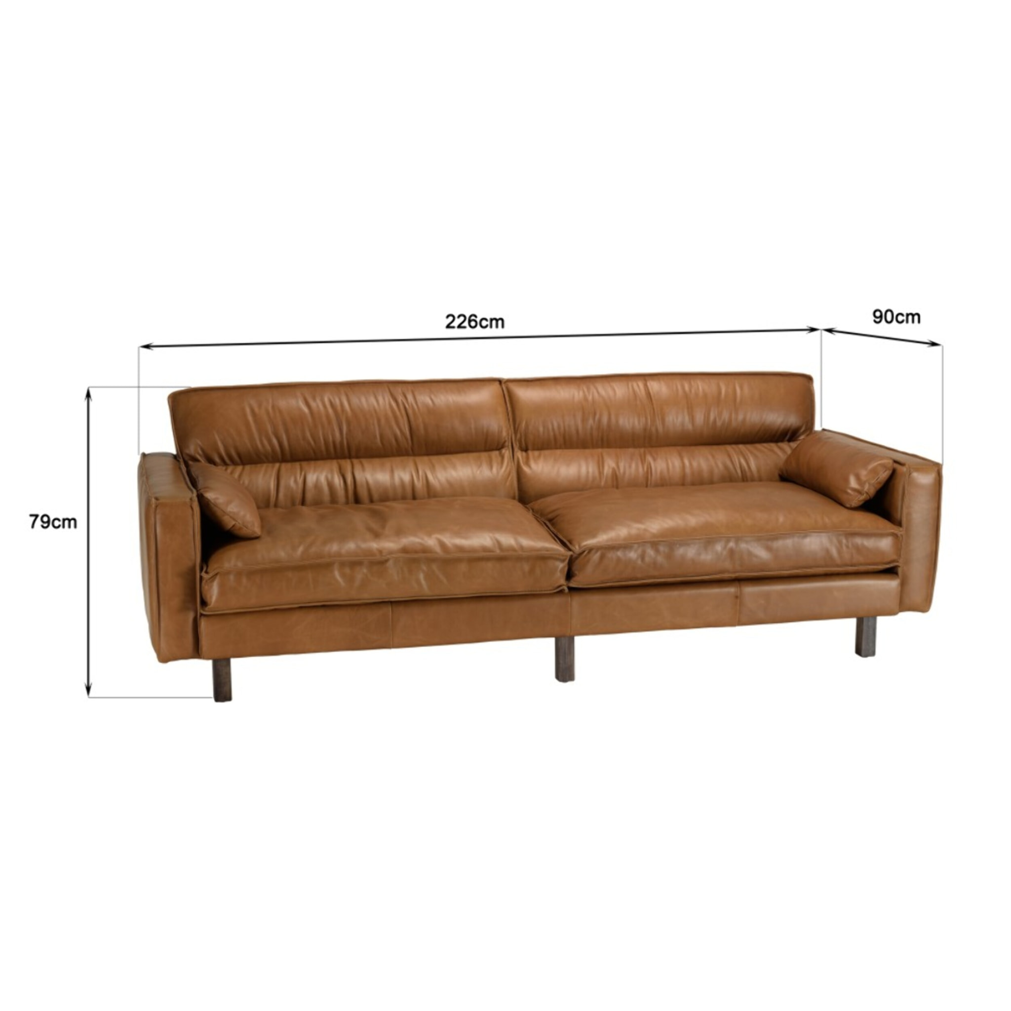 GASTON - Canapé 3 places vintage en cuir marron camel, pieds en bois