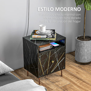 Mesita de Noche Moderna Mesilla de Noche con Efecto Mármol Compartimiento Abierto y Cajón Mesa de Noche para Dormitorio 39x30x50 cm Negro