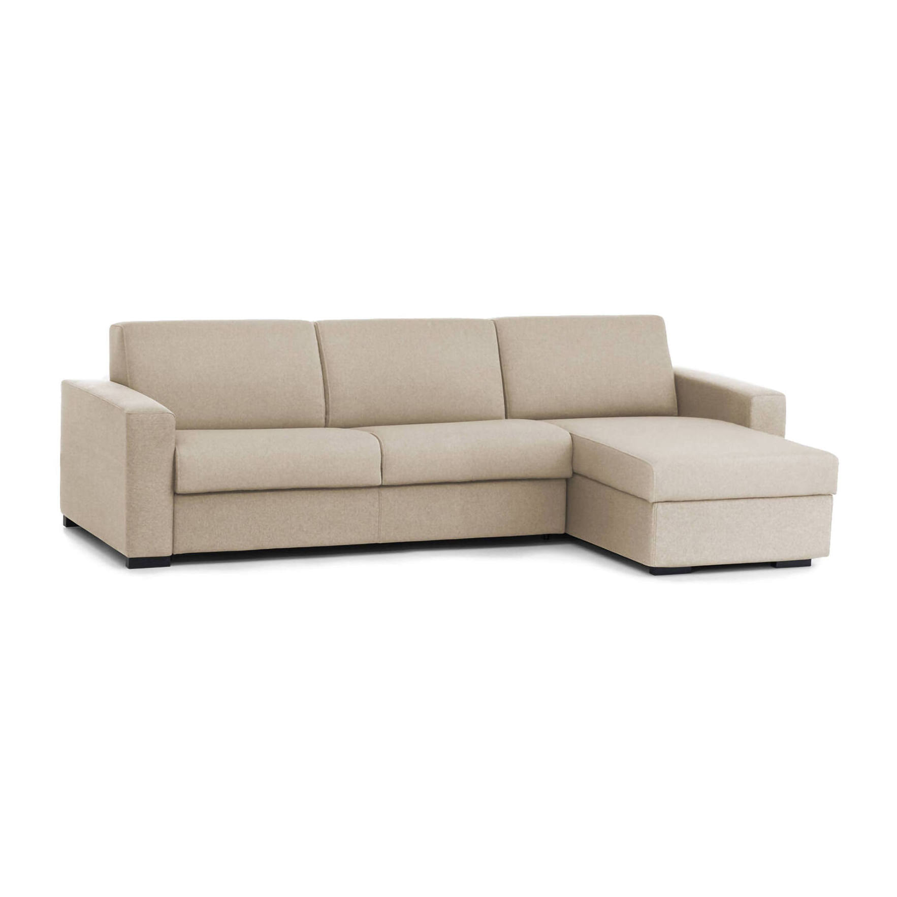 Divano Letto Alisea, Divano ad angolo, 100% Made in Italy, Sofà con apertura girevole, con Penisola contenitore reversibile, con Braccioli slim, Cm 260x95h90, Beige