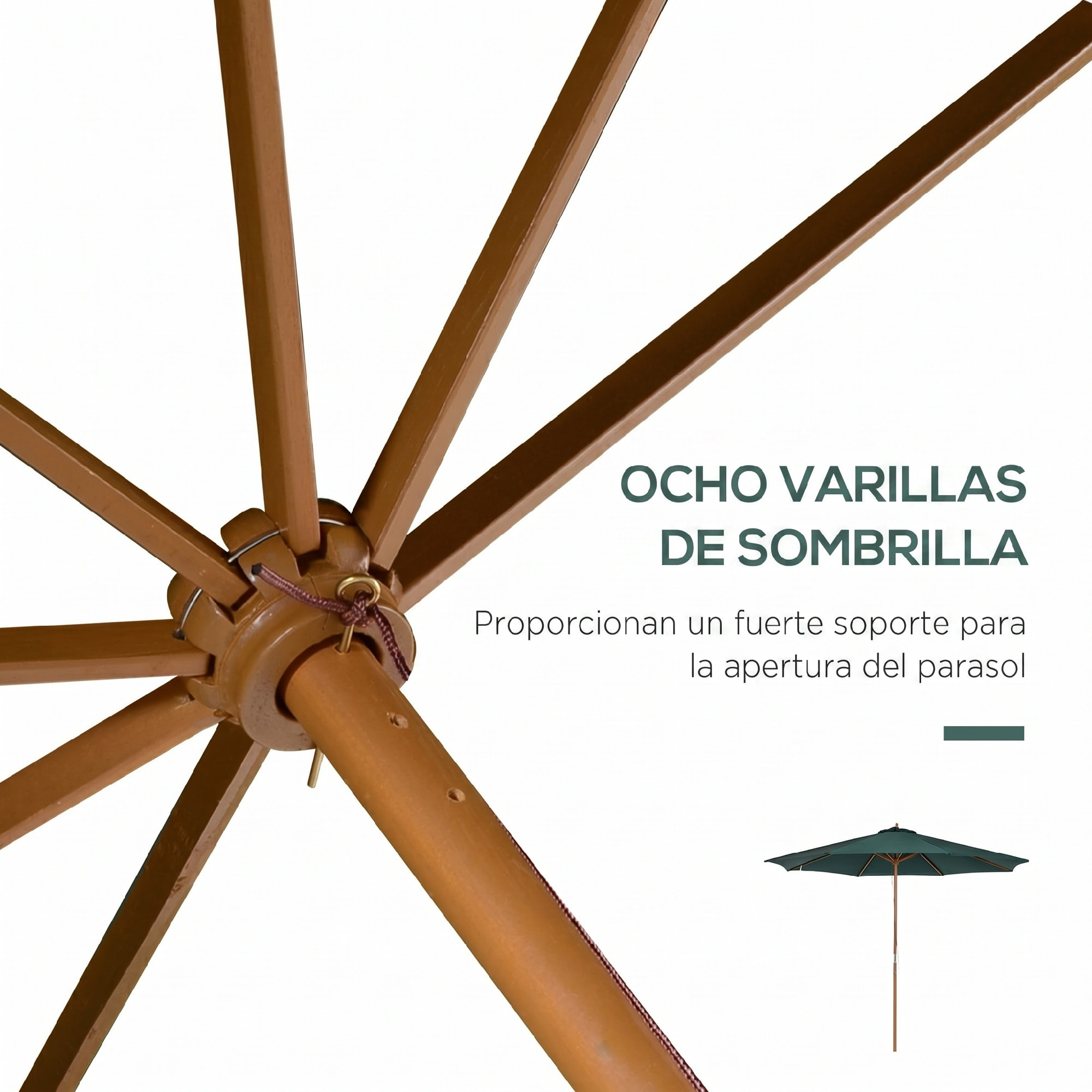 Outsunny Sombrilla Ø300x250 cm Parasol con Poste de Madera con Sistema de Poleas de 8 Varillas con Fijación para Jardín Patio Terraza Verde