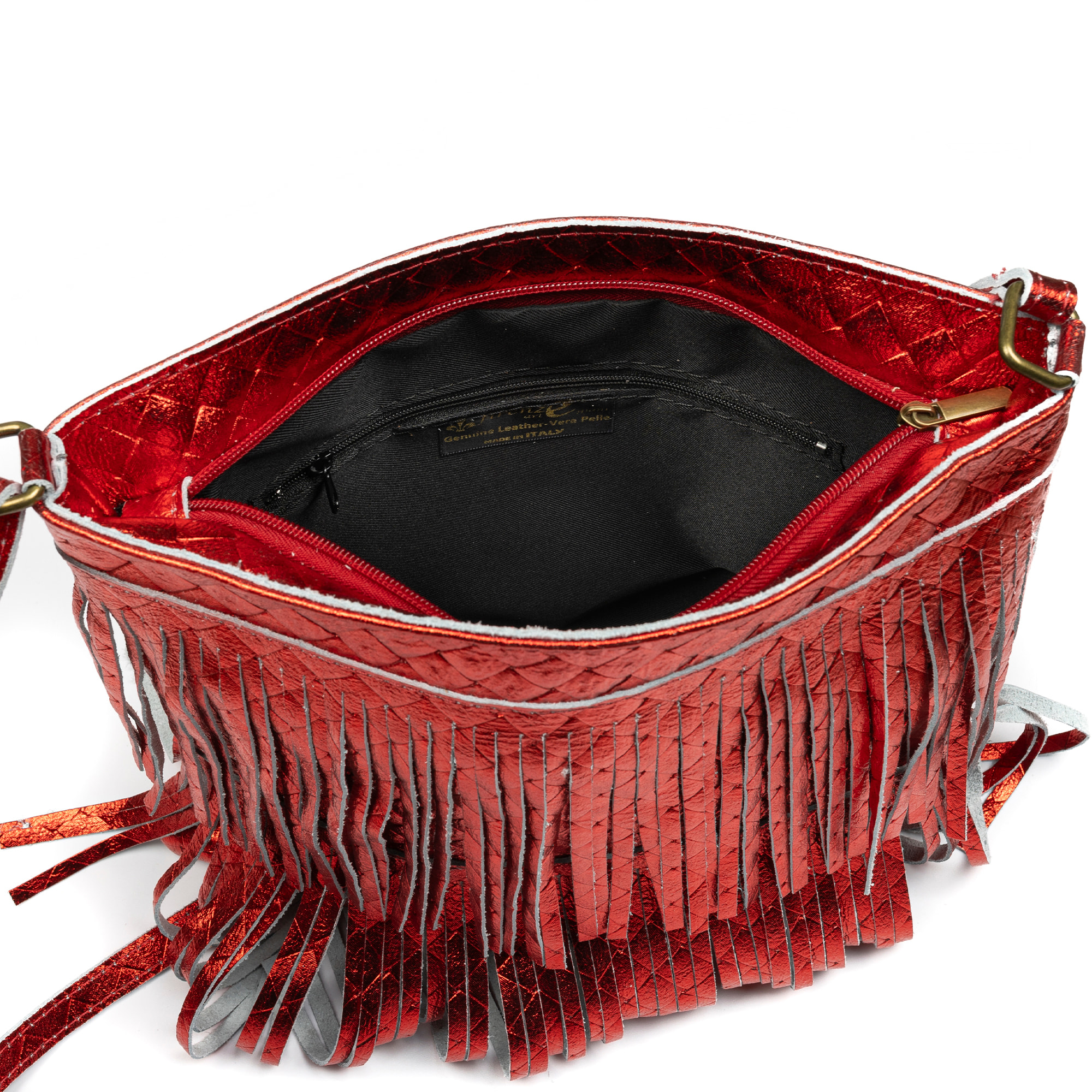 Avise borsa a tracolla con frange donna. Pelle autentica Camoscio lucido.