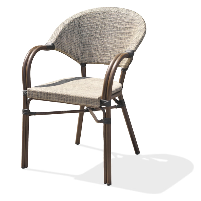 USHUAIA  - Fauteuil de jardin empilable en aluminium marron et textilène beige