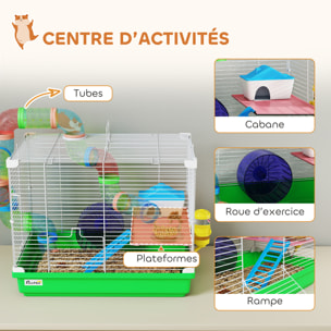 Cage à hamster 2 niveaux avec poignée - avec tunnel, biberon eau, roue, maisonnette, échelles - vert