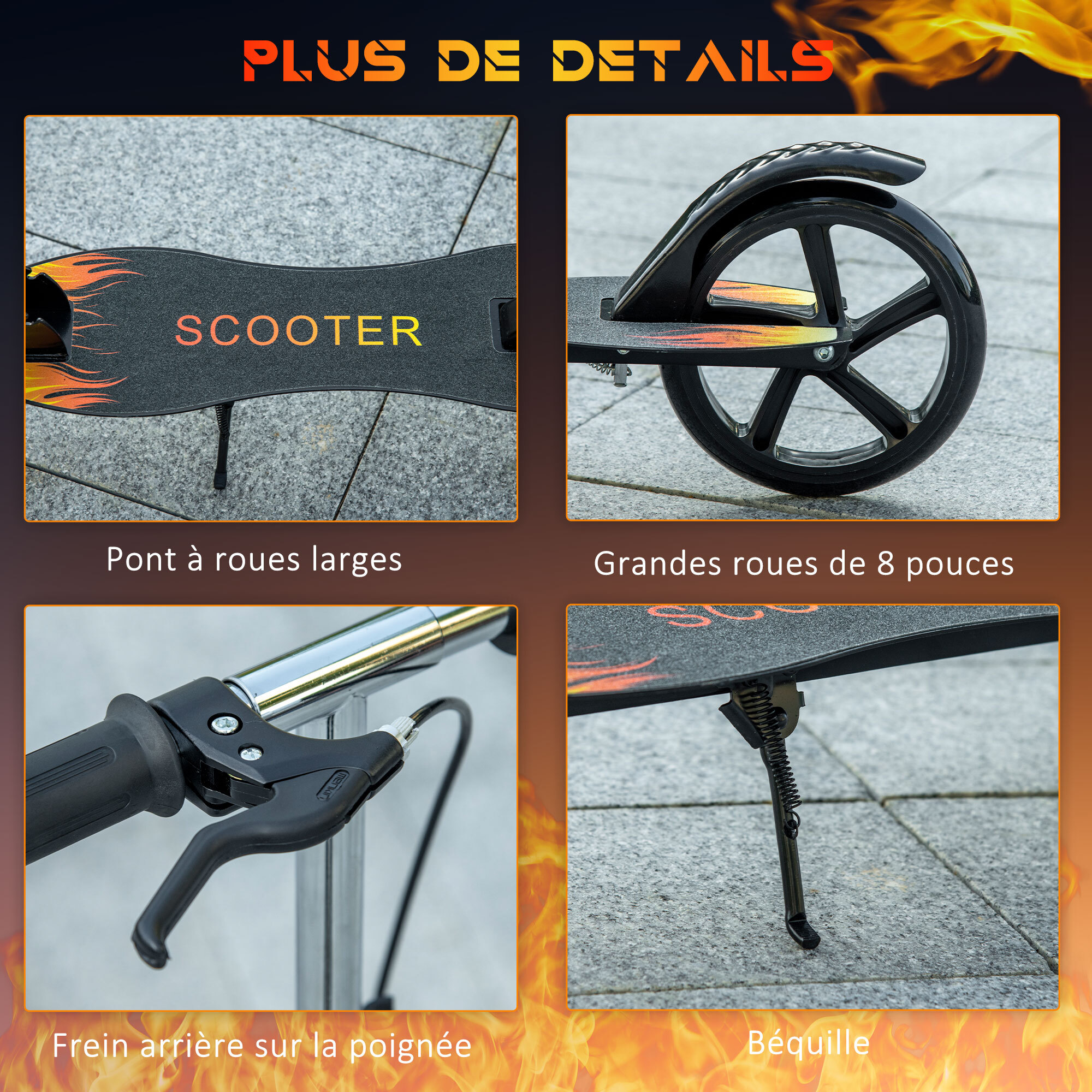 Trottinette pliable enfant béquille double frein hauteur guidon réglable roulement PU abec-7 métal noir motif flammes