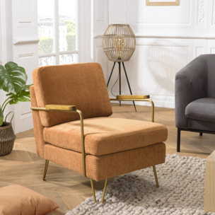 AGATHE - Fauteuil lounge tissu orange métal doré accoudoirs bois