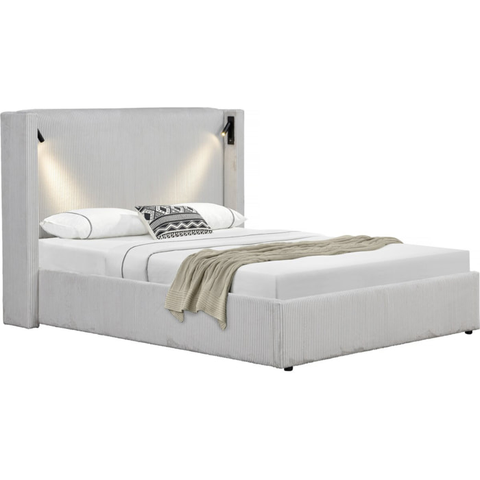 Lit double en velours côtelé avec coffre et lampe intégré "Cortina" - 140 x 190 cm-  Beige