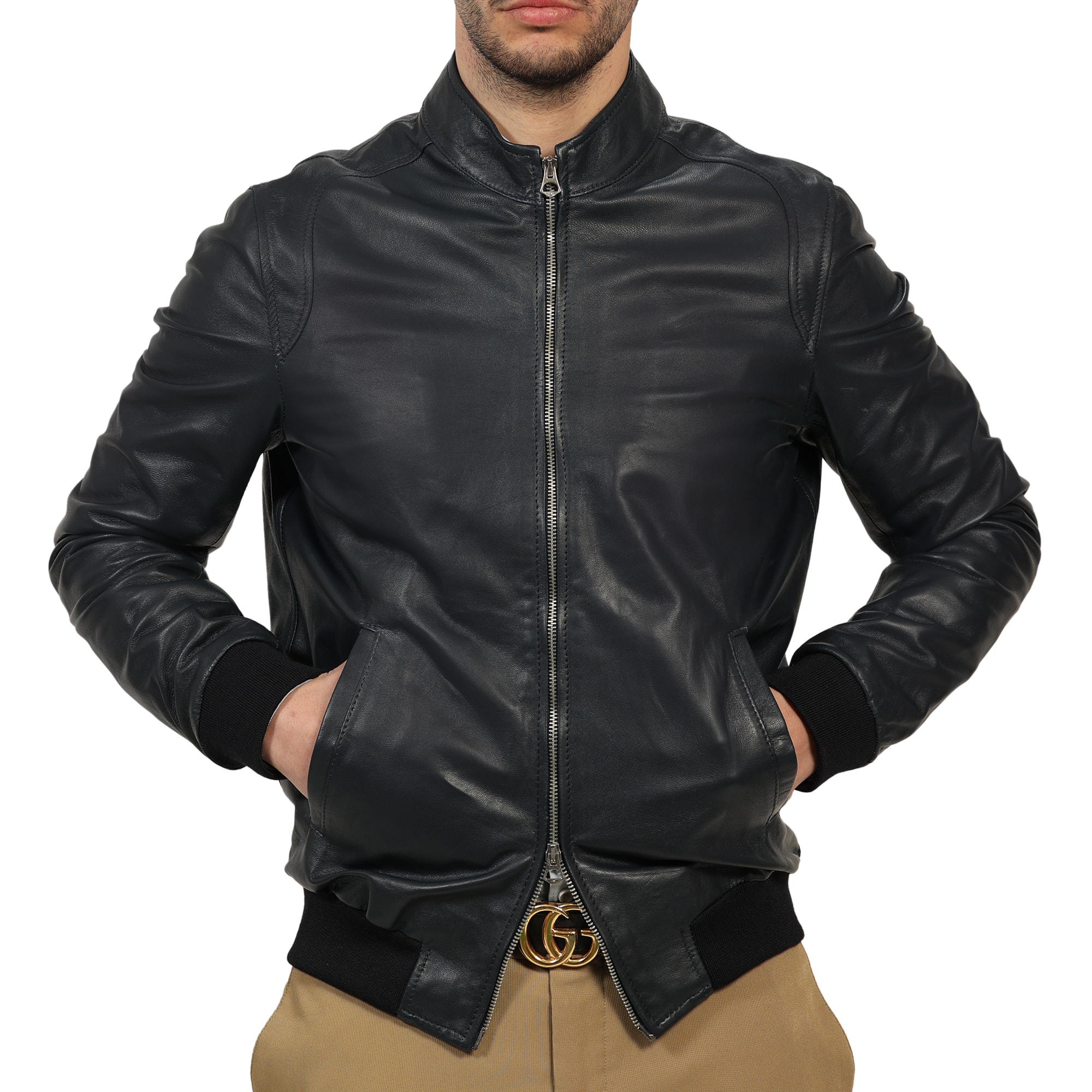 Giubbino in vera pelle di vitello Blu-Slim Fit