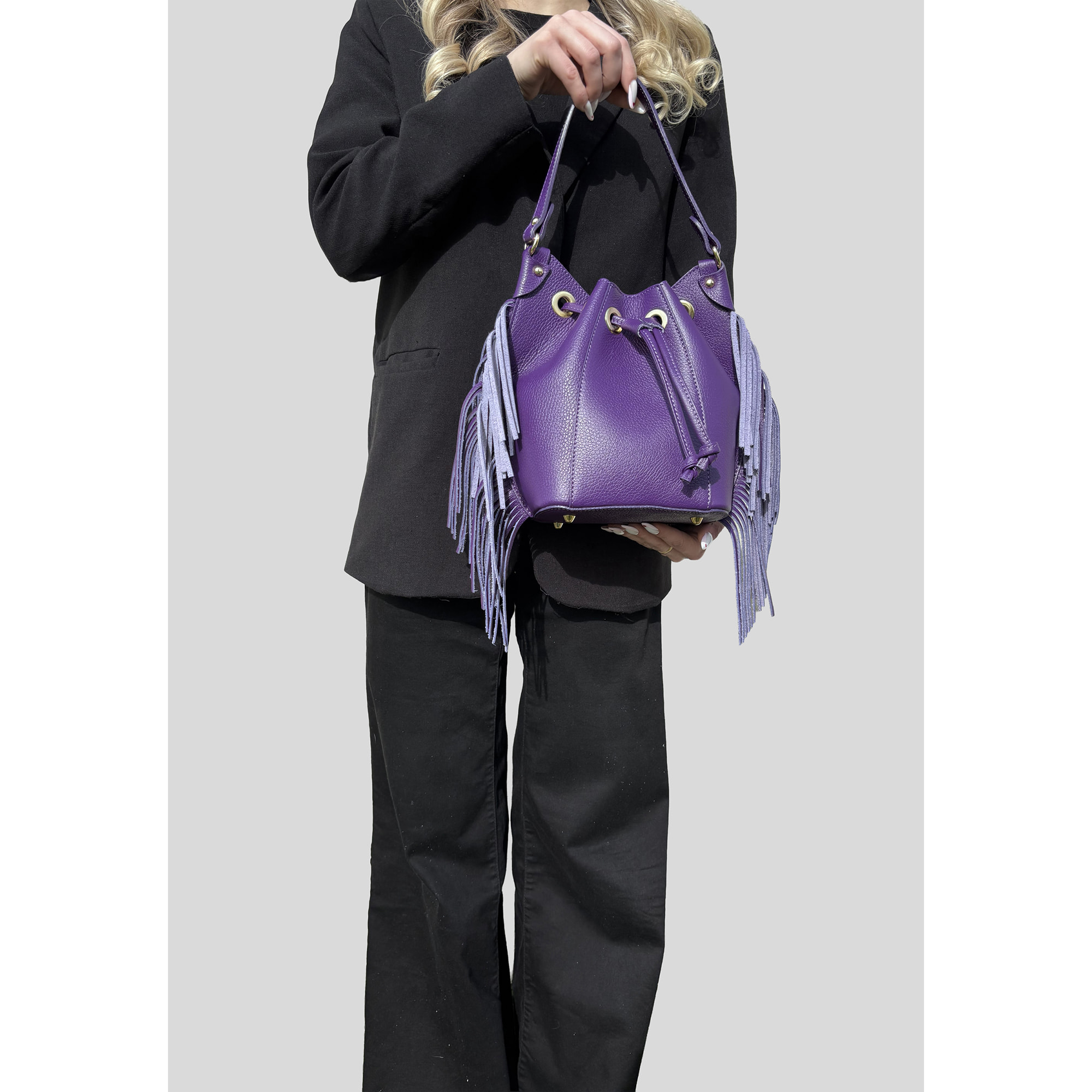 Borsa a Mano Secchiello da Donna in Pelle Dollaro con Frange
